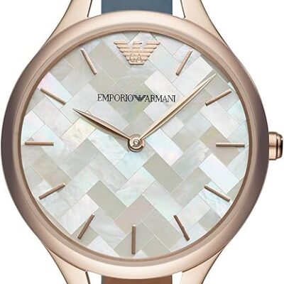 Emporio Armani Aurora Quartz Mother of Pearl White Dial Blue Leather Strap Watch For Women - AR11109